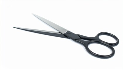 Close-up view of sharp, black-handled scissors with stainless steel blades against a plain white background.