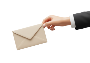 Isolated view of formal hand presenting a tan envelope with a dark business suit sleeve