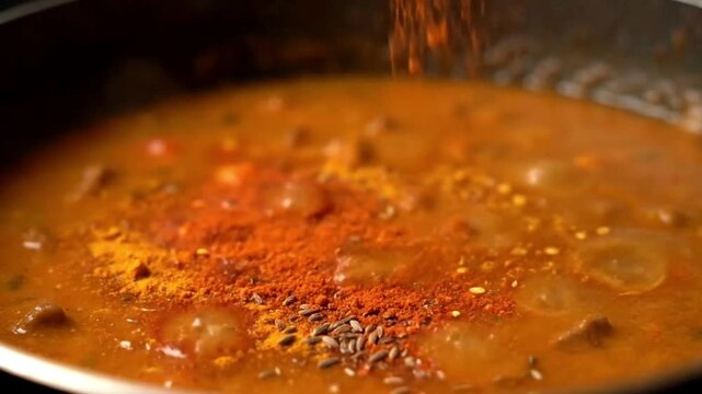 Spices falling in slow motion over a simmering curry, creating a burst of rich, authentic flavor.