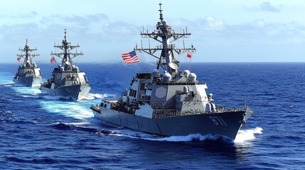Navy destroyers in a formation at sea