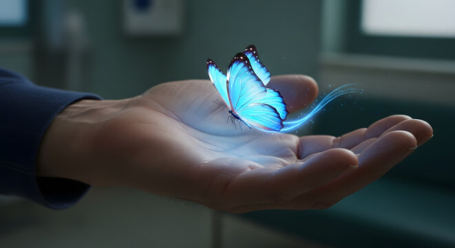 A magical glowing blue butterfly prepares to take flight from an open hand leaving a trail of light and symbolizing hope transformation and release.