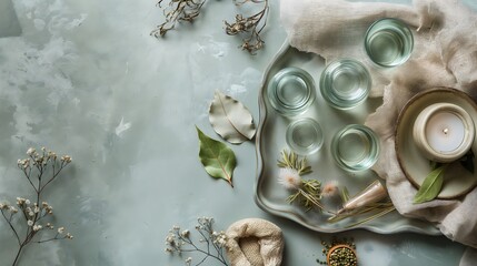 Flatlay cupping therapy set with glass cups, massage tools and natural wellness accessories
