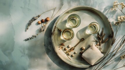 Flatlay cupping therapy set with glass cups, massage tools and natural wellness accessories