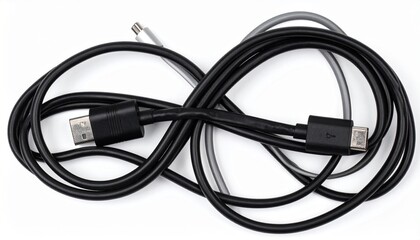 A collection of black and gray cables with connectors arranged on a white surface.