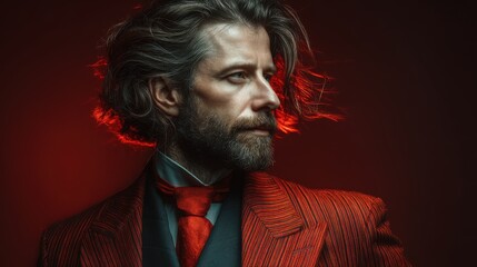 Obraz premium A stylish man with flowing hair and a red-striped suit poses dramatically against a dark backdrop