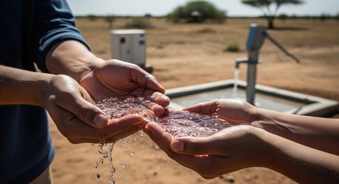 Two pairs of hands, an adult and a child's, carefully cupping fresh water received from a hand pump in a dry, rural, arid landscape under bright sunlight. - Powered by Adobe