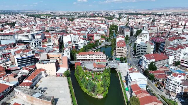Drone footage of Eskisehir and porsuk stream - 4k view of Eskisehir