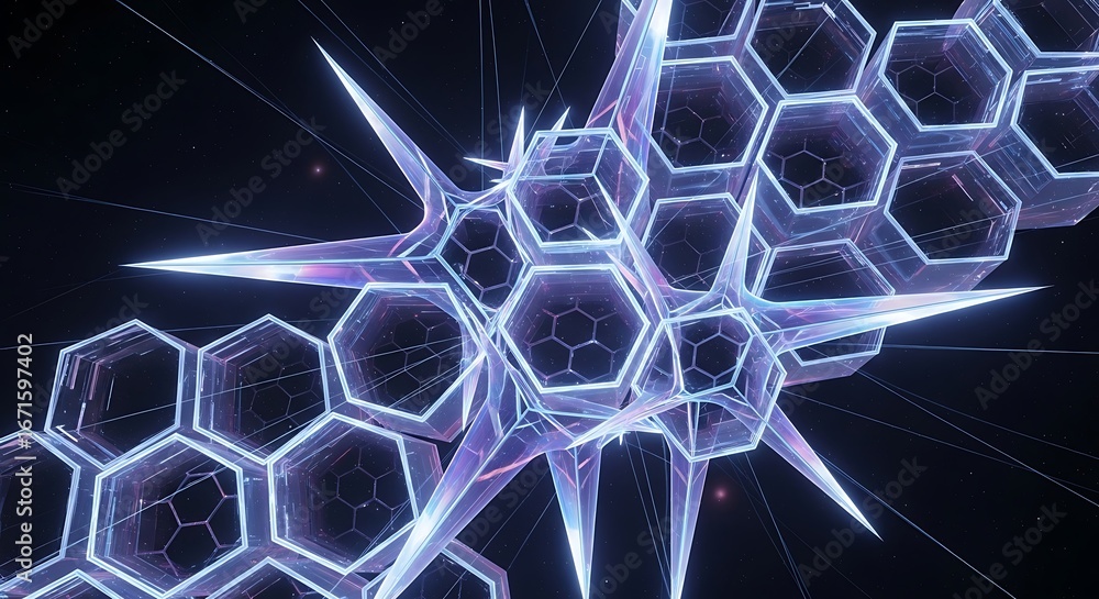 Poster abstract futuristic hexagonal crystal network structure glowing in space