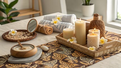 Spa candles and towel with frangipani flowers for tropical wellness