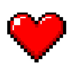 Obraz premium A vibrant red pixelated heart symbol with a retro 8 bit video game aesthetic glowing against a stark black background representing love and digital art