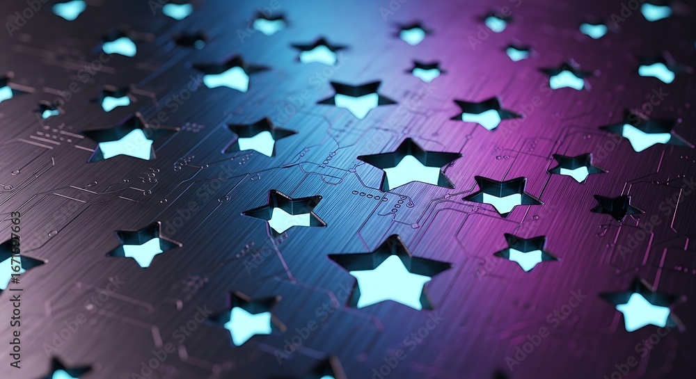 Poster abstract digital circuit board background with glowing stars and futuristic pathways