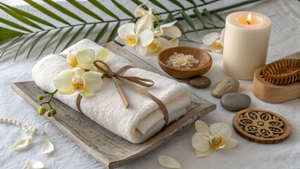 Spa towel with orchid flowers for beauty and relaxation