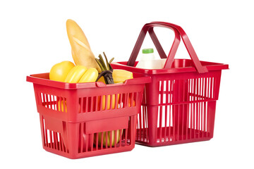 Fototapeta premium Red shopping baskets filled with groceries isolated on a transparent background food