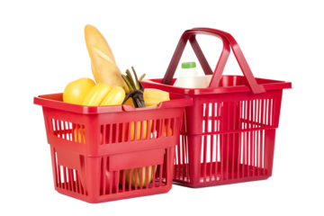 Red shopping baskets filled with groceries isolated on a transparent background food