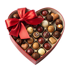 Heart shaped gift box filled with chocolates isolated on transparent background