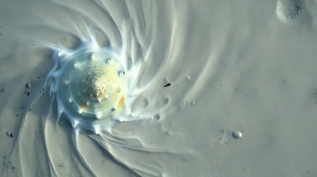 Close-up of textured surface with concentric circular pattern and flowing wavy lines in muted grey, blue, and yellow tones