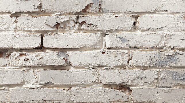 Fototapeta Close-up of a weathered white brick wall with peeling paint revealing textured, aged bricks beneath