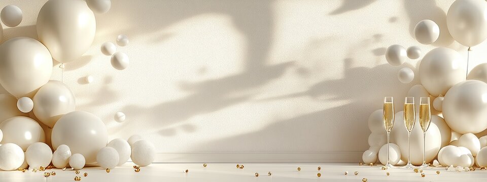 Clip art style, minimalistic composition, white background, balloons and confetti 