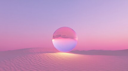 Floating crystal orb on soft sand dunes during a serene sunset in an otherworldly landscape