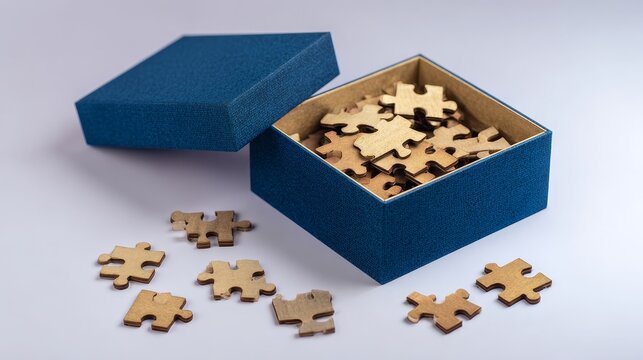 Unfinished wooden puzzle pieces scattered on white surface with open blue box and lid nearby