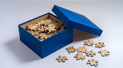 Open blue box with light wooden puzzle pieces scattered on a smooth surface revealing natural grain textures