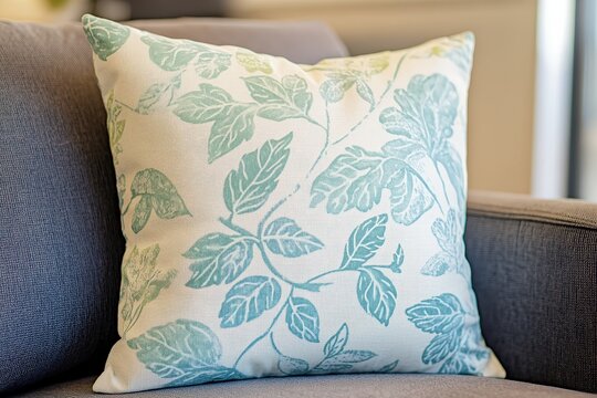 A decorative throw pillow, featuring a subtle, muted teal leaf design on a light cream background, is displayed on a gray couch.