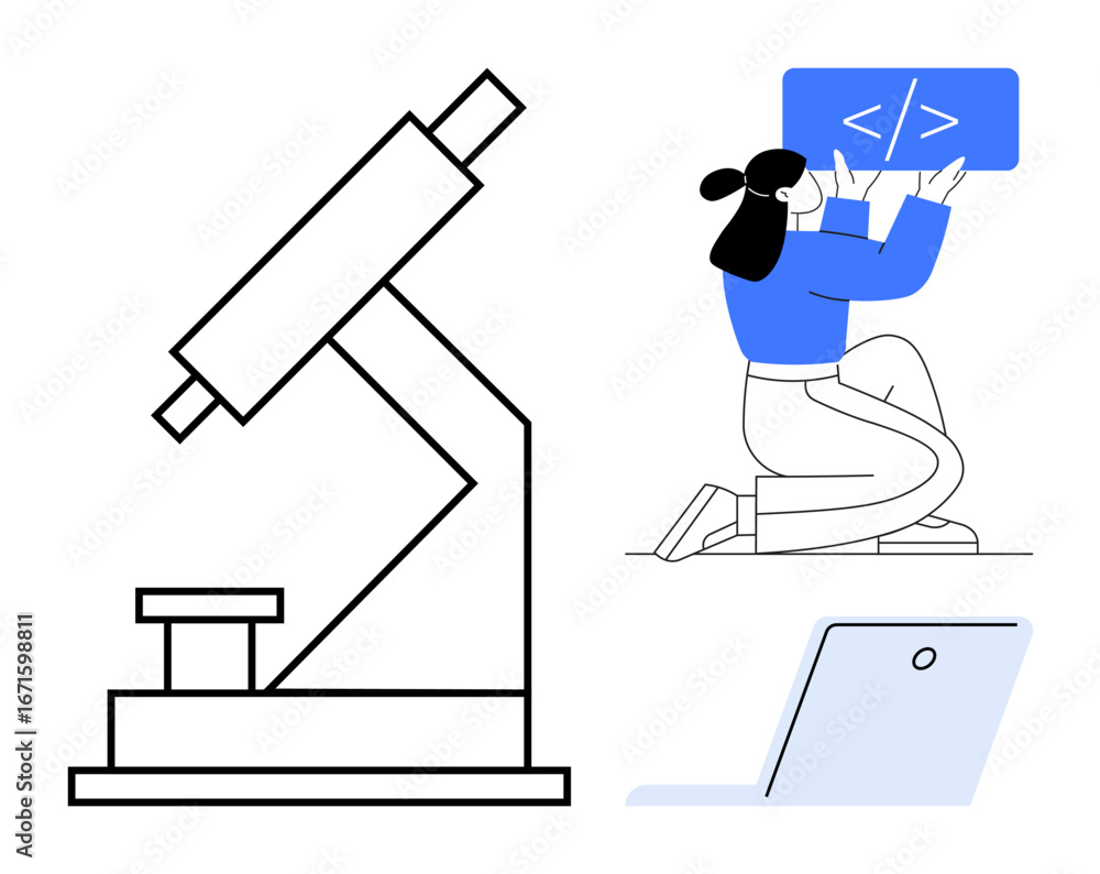 Poster woman typing code on tablet, large microscope, laptop corner in view. ideal for coding, stem learnin