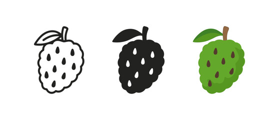 Three styles of cherimoya: outline, silhouette, and colored designs