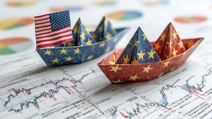Origami ships, US & EU & China flags, financial charts