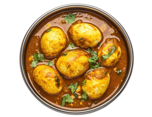 Traditional egg curry in creamy spiced sauce with fresh cilantro served in rustic bowl with rice and authentic ingredients