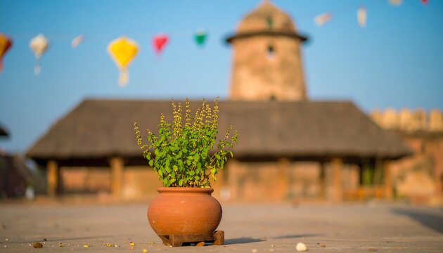 Terracotta pot with vibrant green plant in foreground, blurred historic building and festive balloons in background - Powered by Adobe