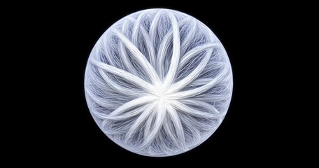 Luminous sphere with radial strands, resembling a flower's core, set against a stark black backdrop