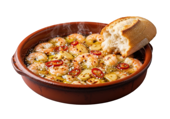 Rustic terracotta cazuela with sizzling gambas al ajillo, plump shrimp, golden oil, garlic, chili, and artisanal bread on transparent, classic Spanish tapas culinary delight