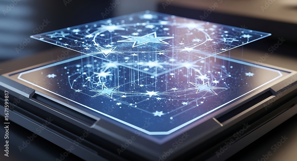 Poster futuristic holographic display with glowing stars and data connections on a modern technology platfo