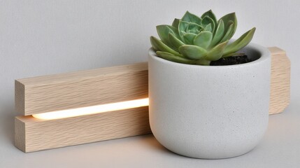 Minimalist succulent in concrete planter illuminated by warm light from modern wooden lamp on neutral background