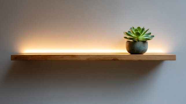 Minimalist wooden wall shelf with glowing underlight and small potted succulent plant against plain light-colored background