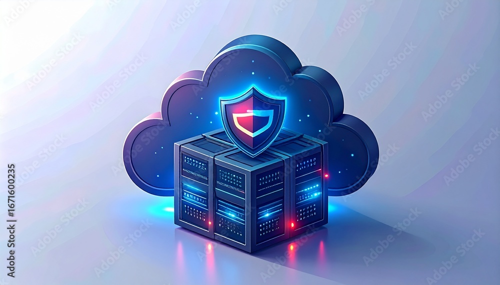 Poster secure cloud data storage system depicted with glowing network servers and a protective shield.