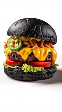 Un hamburger con pan nero, con formaggio fuso, carne, pomodori, insalata e cetrioli