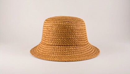 A woven straw bucket hat displays a rich, golden hue against a neutral backdrop.