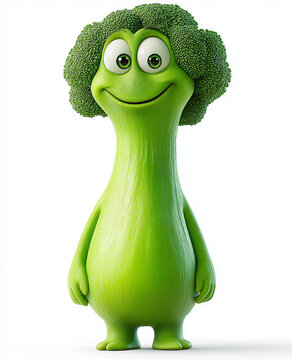 Naklejki Funny cartoon broccoli character with big eyes and smile isolated on white background, healthy vegetable mascot for kids, nutrition and food concept