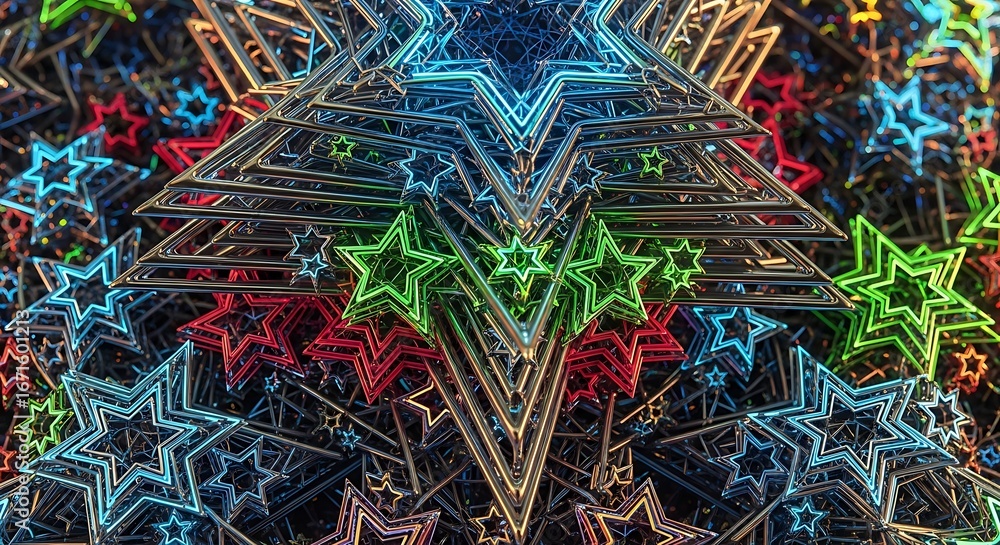 Poster intricate array of glowing neon and metallic stars in a symmetrical, festive holiday light display