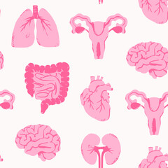 Human internal Organs, body parts. Pink modern style. Intestines, lungs, female reproductive system, kidneys, heart, brain. Hand drawn trendy Vector illustration. Square seamless Pattern, wallpaper