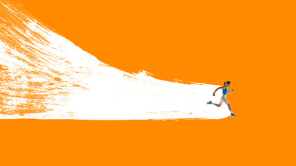 Graphic collage. Female runner sprints with power leaving abstract paint stroke trail on orange....