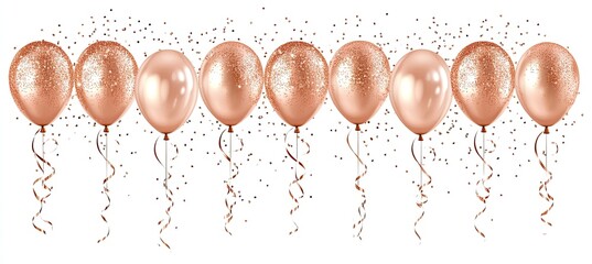 Sleek, solid white background with rose gold glitter balloons and ribbons