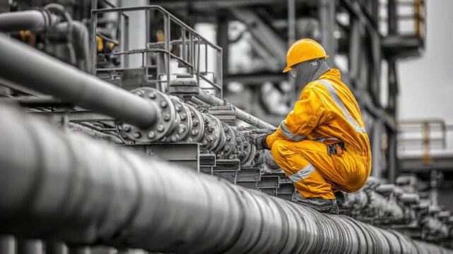 Industrial Integrity: An industrial worker, clad in protective gear, meticulously inspects pipes amidst a backdrop of robust machinery. Reflecting dedication and expertise.