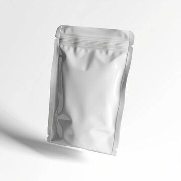 Pacchetto bianco e rettangolare, con un'apertura sigillata con una chiusura a zip. Liscio e lucido.