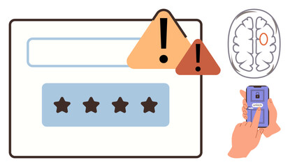 Password field and warning signs emphasize security risks, paired with brain and mobile phone authentication to highlight mental processing, cybersecurity, and digital safety. Ideal for technology