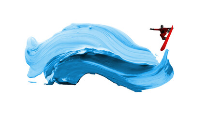 Creative artwork. Snowboarder jumps high above abstract wave of blue paint in creative surreal action. Concept of extreme sport, adrenaline, modern art, freedom, and dynamic winter lifestyle.