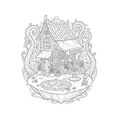 Whimsical fantasy herb shop illustration, detailed line art of a fairytale building for a coloring page.
