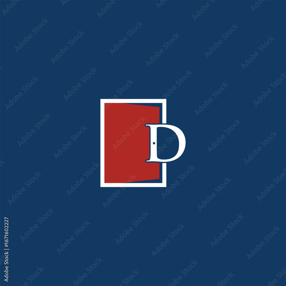 Poster creative vector logo featuring the letter d integrated with a bold rectangular shape in red and whit